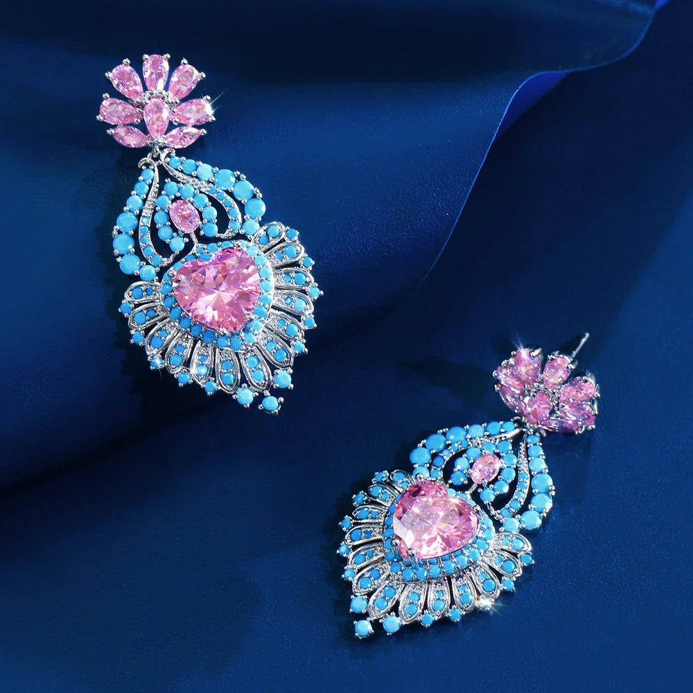 ThreeGraces Luxury Shiny Pink Heart Zirconia and Synthetic Turquoise Women Long Big Bridal Wedding Party Earrings Jewelry E2052
