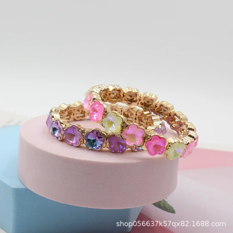 2026 Colored Rhinestone Flower Enamel Gold Bracelet Mocha Full Diamond Elastic Stacked Fashion Bridal Accessories