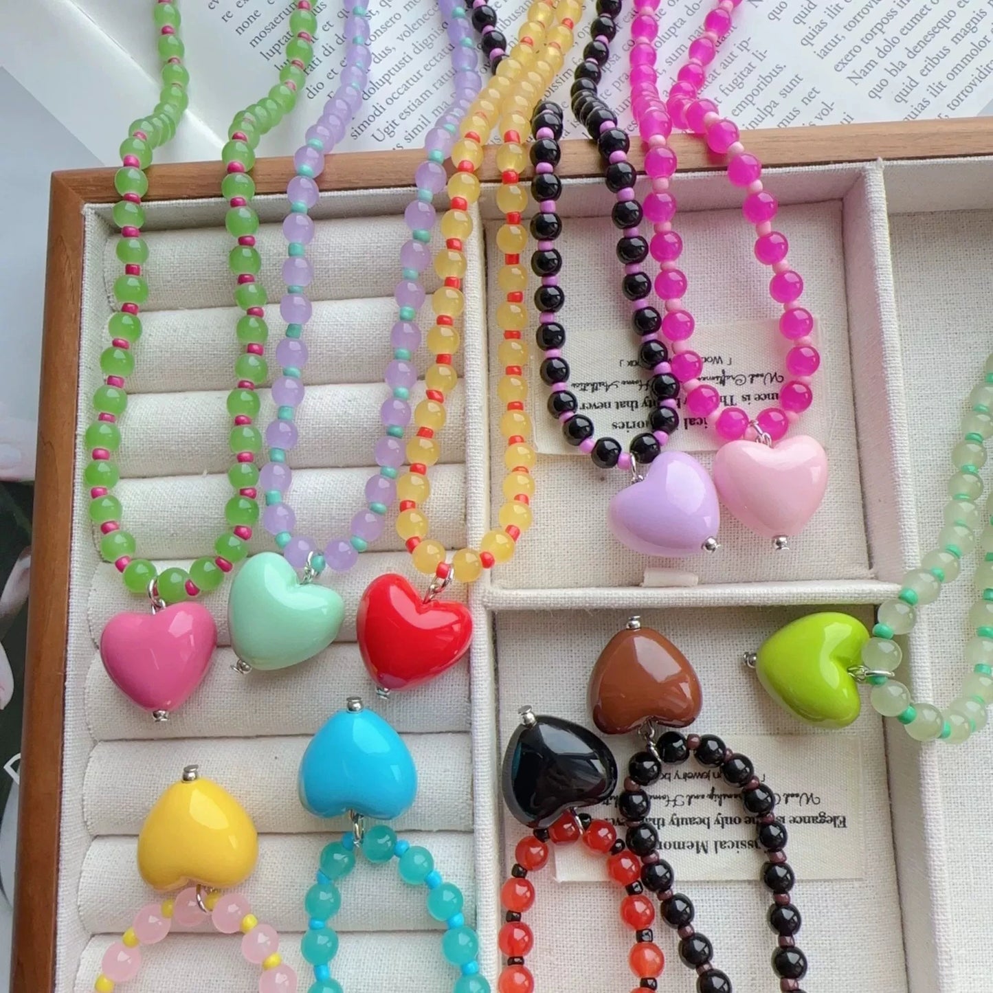 2026 Trendy Cute Candy Color Heart Pendant Glass Beaded Chain Choker Necklace For Women Girls Aesthetic Fashion Neck Accessories
