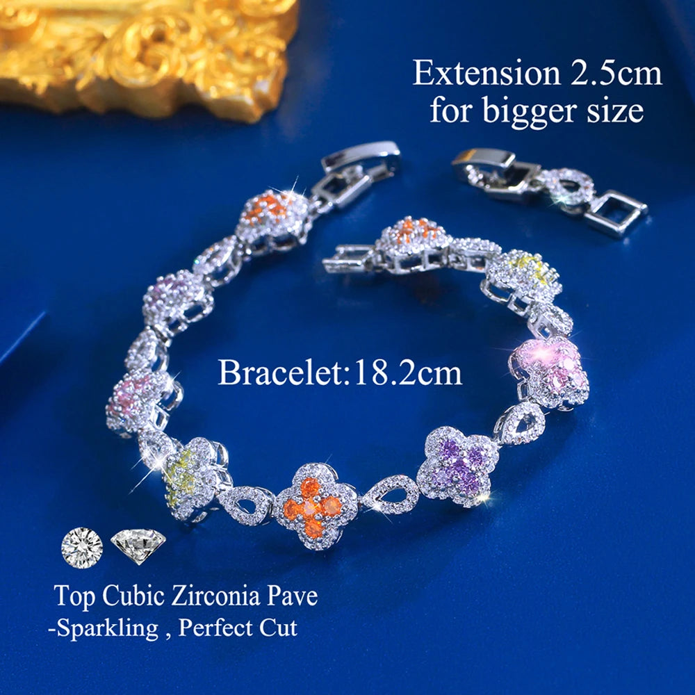 ThreeGraces Fashion Shiny Colorful Zirconia Lucky Leaf Shape Bridal Wedding Link Chain Bracelet for Women Party Jewelry BR450