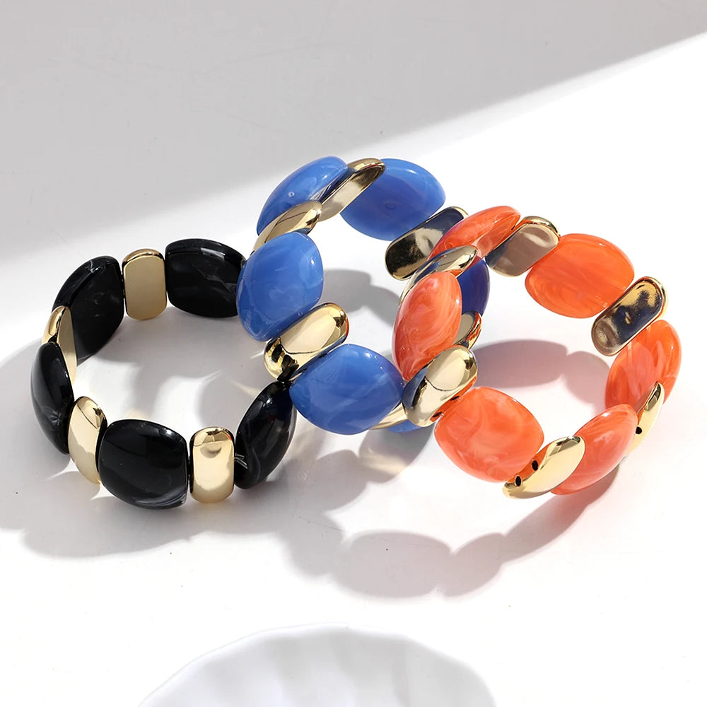 Elegant Acrylic Marble Geometric Petal Curved Beads Elastic Bracelets Trendy CCB Bead Chunky Bangles Bracelet Women Accessories