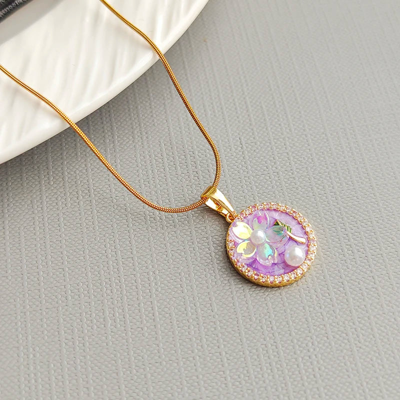 ANENJERY 316L Stainless Steel Pink Blue Round Card Flower Necklace For Women Glamorous French Lady Jewelry Gifts Wholesale