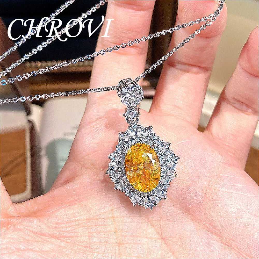 Luxury-Style 925 Sterling Silver Round Ice Flower Necklace for Women - High-Class Elegant Elliptical Full Diamond Collar Chain