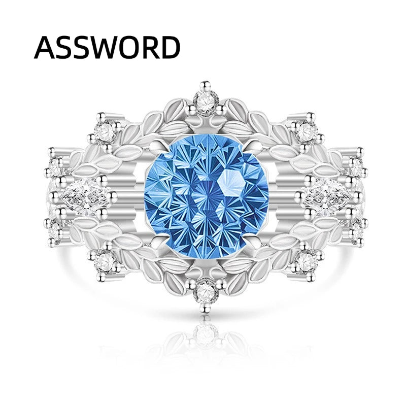 925 Sterling Silver Vintage Leaf Flower Ring Round Ice Flower Cut Cubic Zirconia Wedding Band Luxury Fine Jewelry Gift for Women