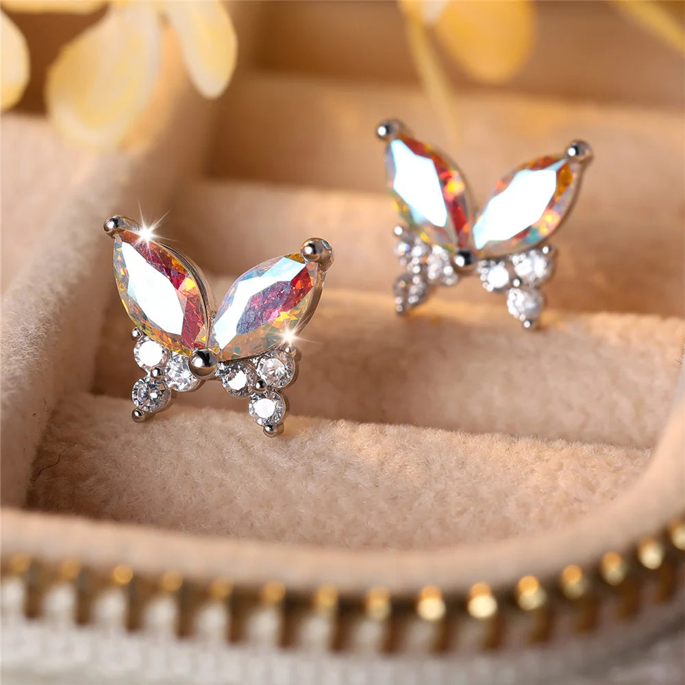 Cute Female White Butterfly Zircon Stone Stud Earrings Silver Color Uquare Girlfriend Gift Wedding Jewelry For Women
