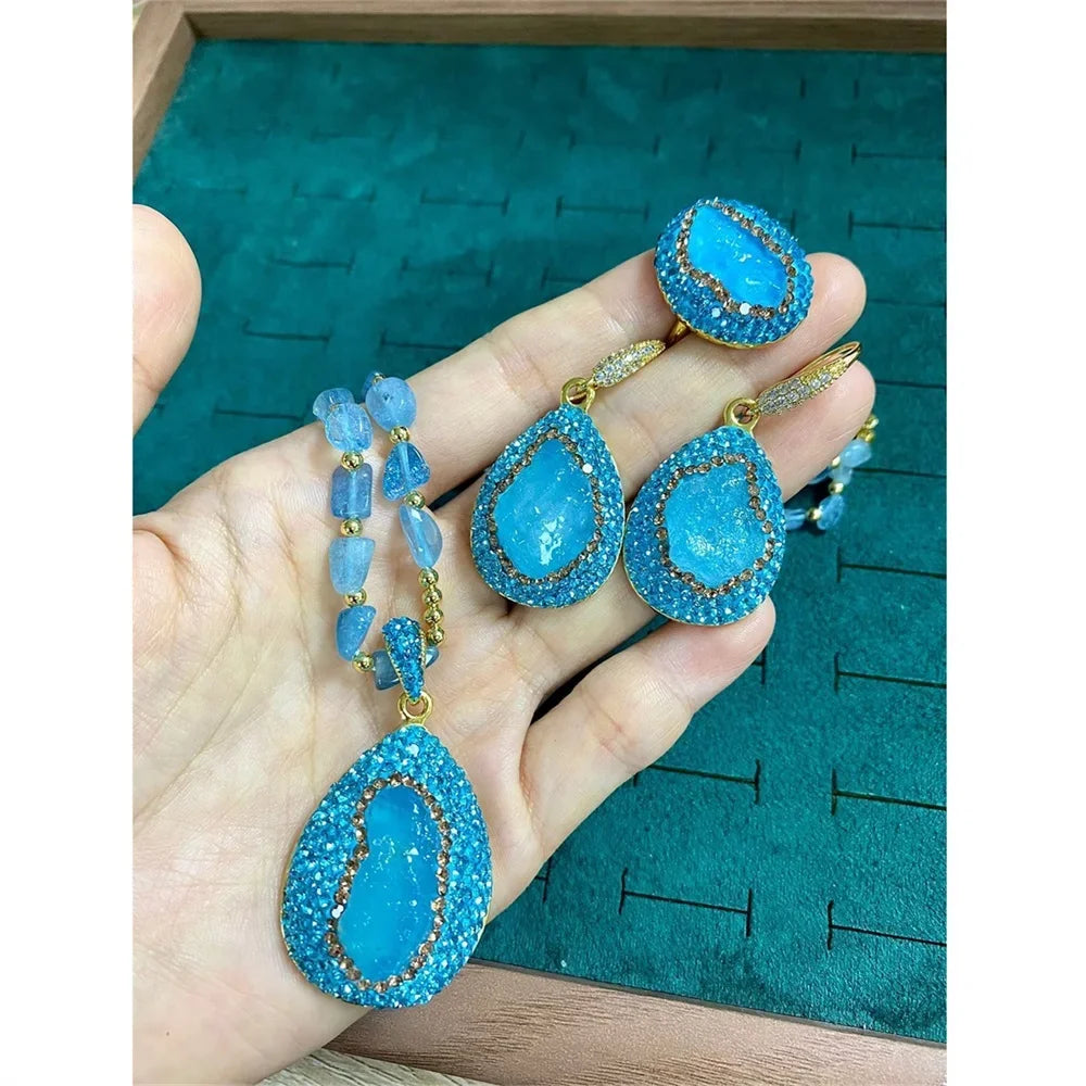 Turkish Raw Baroque Aquamarine Crystal Jewelry Set for Women Rhinestone Quartz Irregular Stone Necklace Ring Hook Earring Sets
