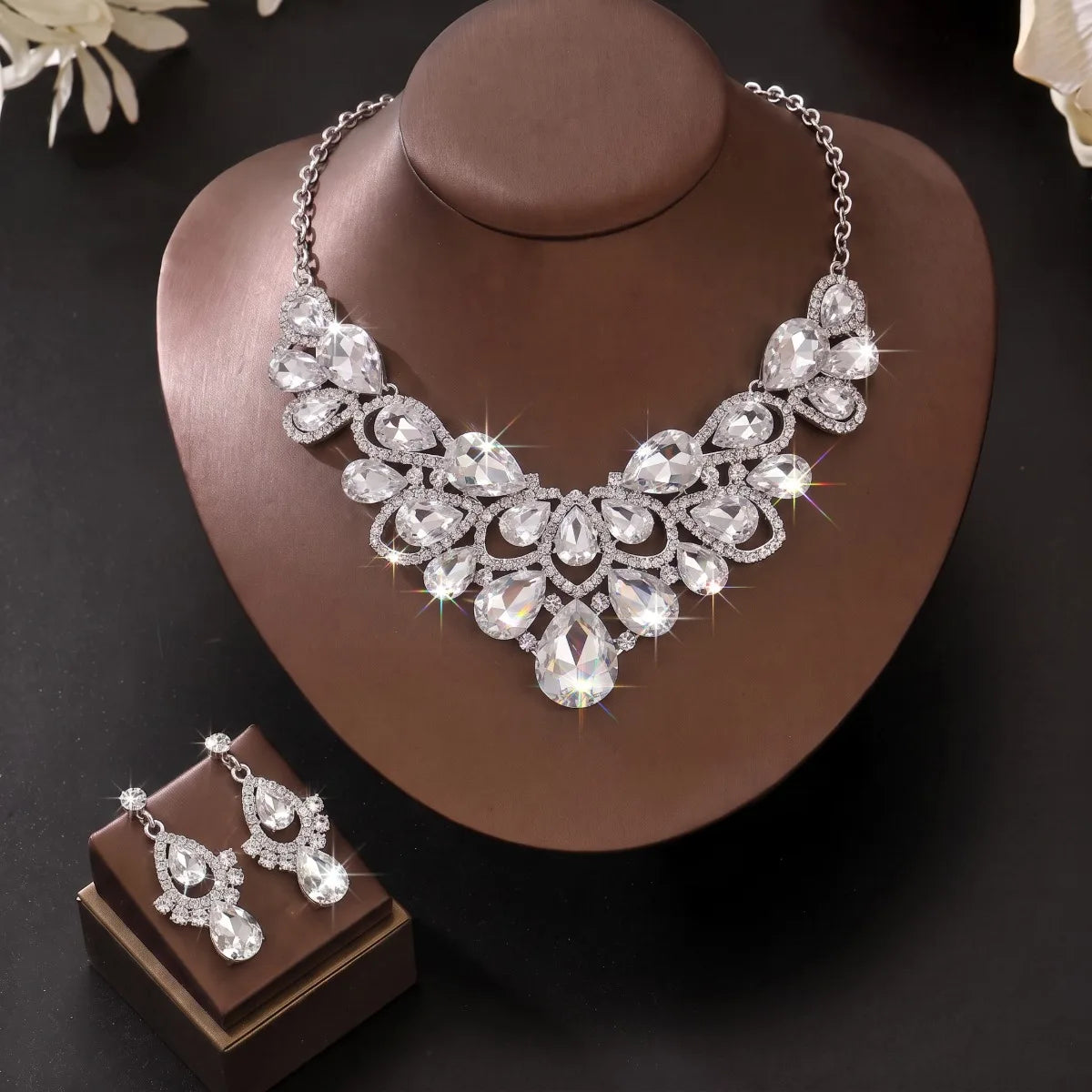 Sparkling Noble Hollow Water Drop Necklace Earrings Women's Evening Formal Dress Set Theme Party Matching Jewelry