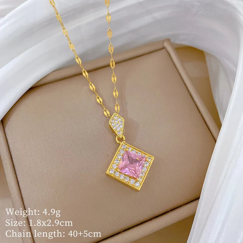 Korean Style Fashion Square Zircon Stainless Steel Necklaces For Women Luxury Elegant Female Clavicle Chain Jewelry Wholesale