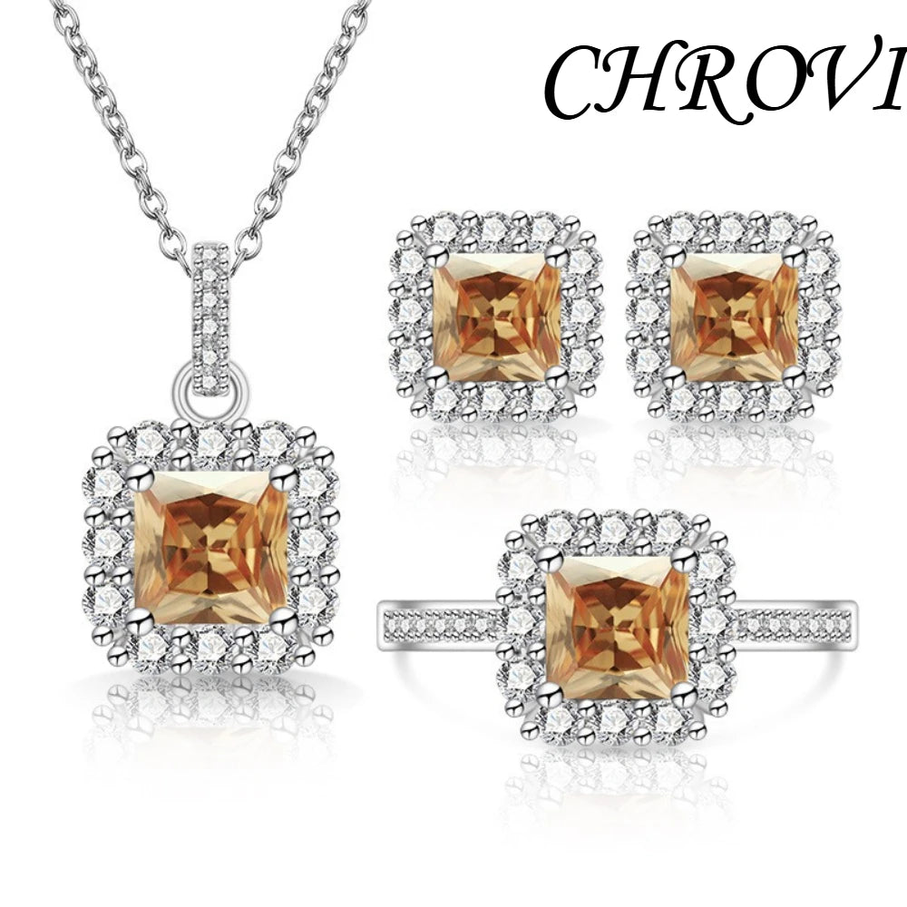 Luxury 925 Sterling Silver Gemstone Small Square Beads with Zirconia Necklace, Earrings, Ring Set and Decorative Items