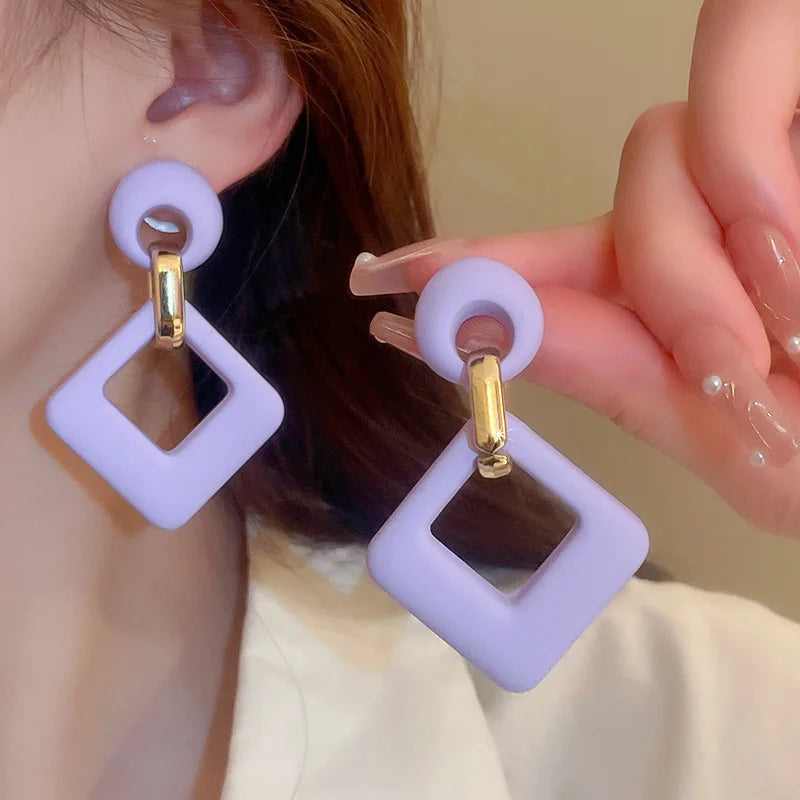 Trendy Acrylic Colorful Square Round Drop Earrings Fashion Hollow Geometric Summer  Earring Party Wedding Jewelry