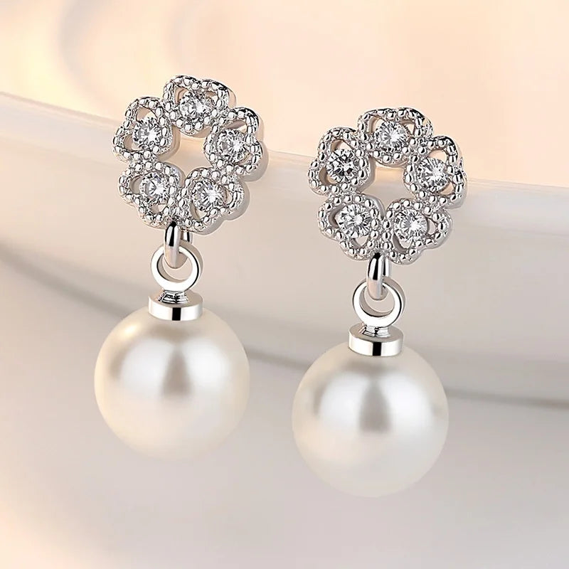Small Love Heart Luxury Female White Pearl Zircon Stone Stud Earrings Silver Color Wedding Jewelry For Women