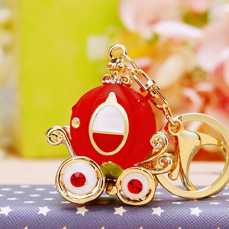 Lovely Cinderella Pumpkin Carriage Keychain Crystal Keyring Pendant Purse Bag Car Keychain