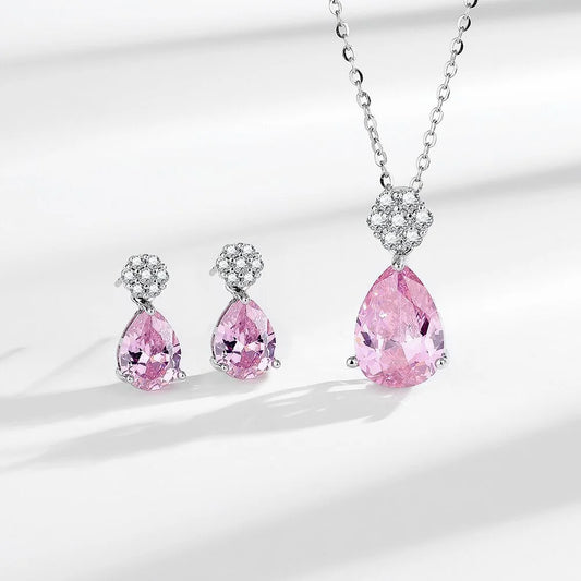 925 Sterling Silver Jewelry Set Shiny Rose Quartz Zircon Women Necklace Earrings Birthday Wedding Party Jewelry Gift
