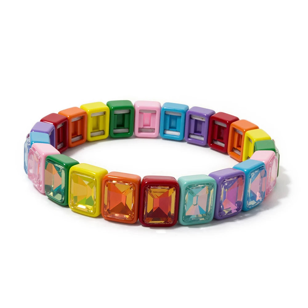 8x10mm Zirconia Enamel Bangle For Women Handmde Rainbow Color Elastic Beaded Bracelets
