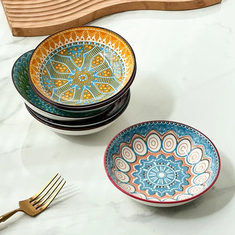 6-Piece Bohemian Ceramic Plates 5.7 Inch - Creative for Breakfast/Salad/Pasta/Dessert/Appetizer, Microwave/Oven/Dishwasher Safe