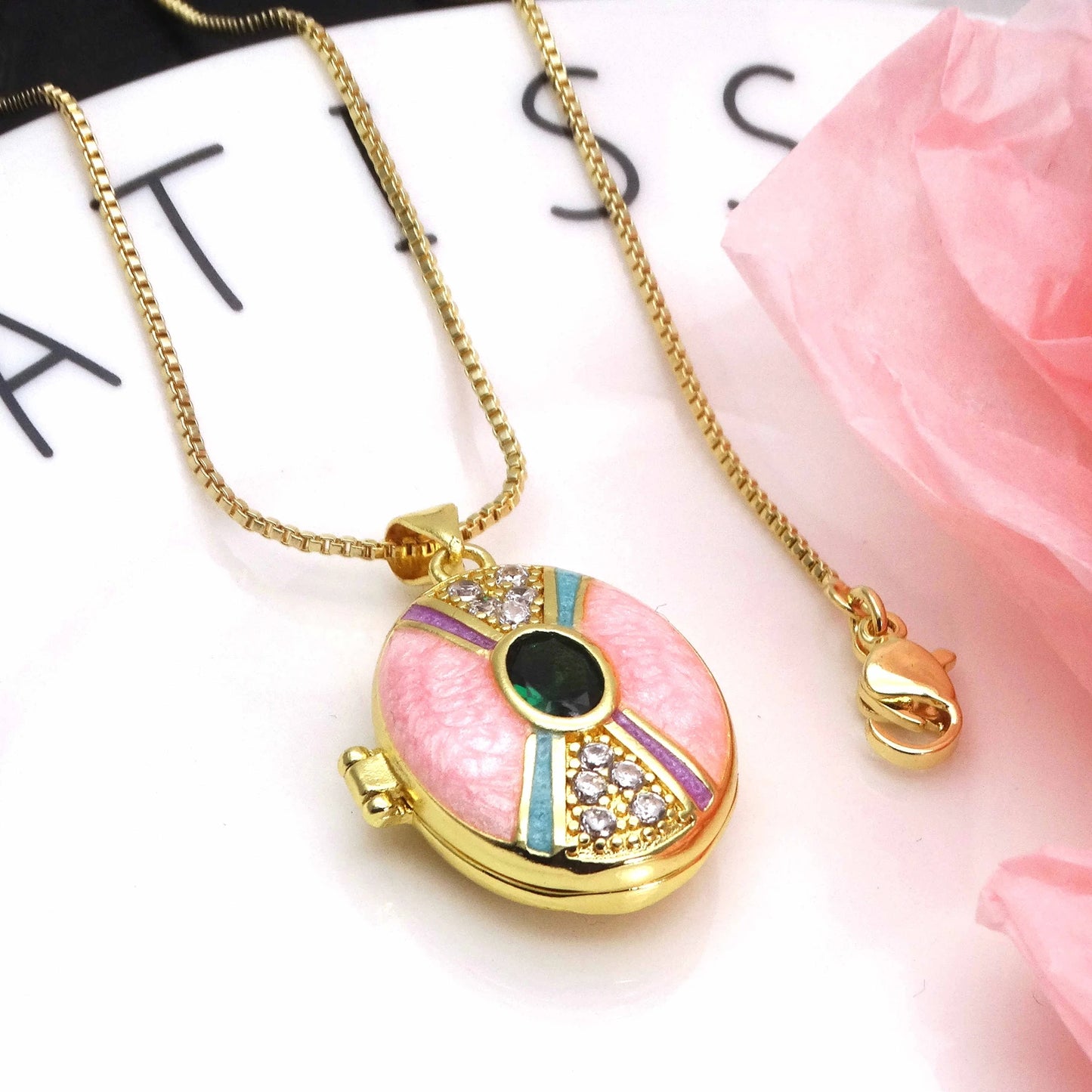 Micro Zircon oil drip photo box Pendant necklace case gaine pendant necklace copper chain jewelry necklace