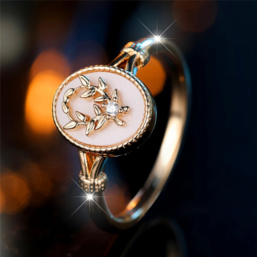 Charm Female White Enamel Stone Oval Leaf Plant Ring Rose Gold Silver Color Cute Gift Wedding Jewelry For Women