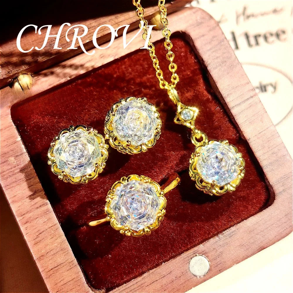 Light luxury 925 sterling silver round rose necklace with dazzling zircon stud earrings and gemstone ring set for women