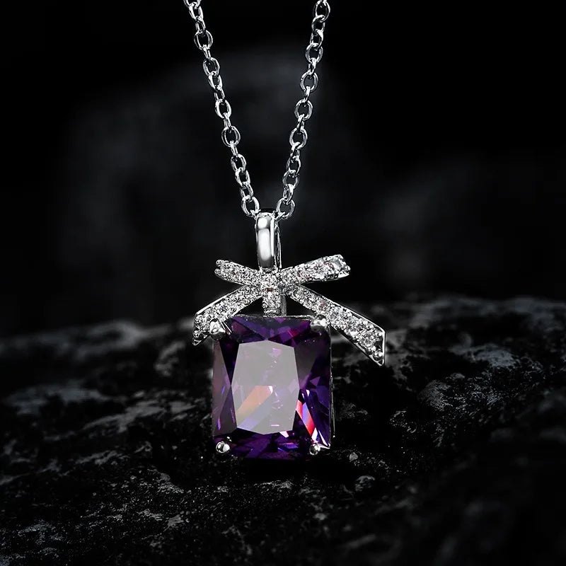 Yellow CZ Pendant Necklace for Women Silver Tone Bow Charm Crystal Necklaces Elegant Fashion Jewelry Gift new hot