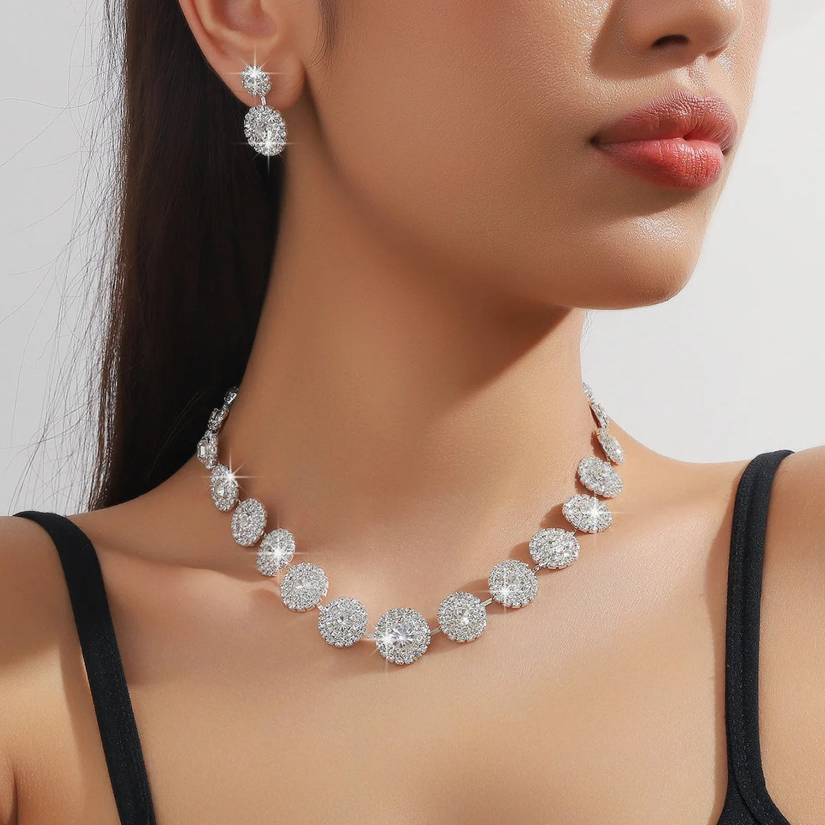 TREAZY Sparkling Silver Color Crystal Wedding Jewelry Set for Women Statement Choker Necklace Earrings Set Bridal Jewelry Set