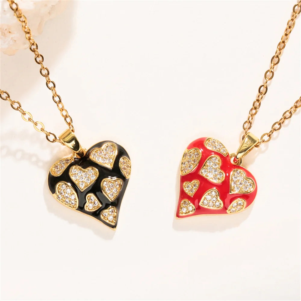 New Fashion Overlap Small Heart Love Charm Female Pink Green Zircon Pendant Necklace Gold Color Wedding Jewelry For Cute Women