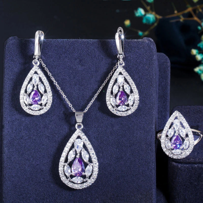 ThreeGraces Shining Red Zirconia Water Drop Shape Earring Necklace Ring Fashion Bridal Party Jewelry Set for Women JS554