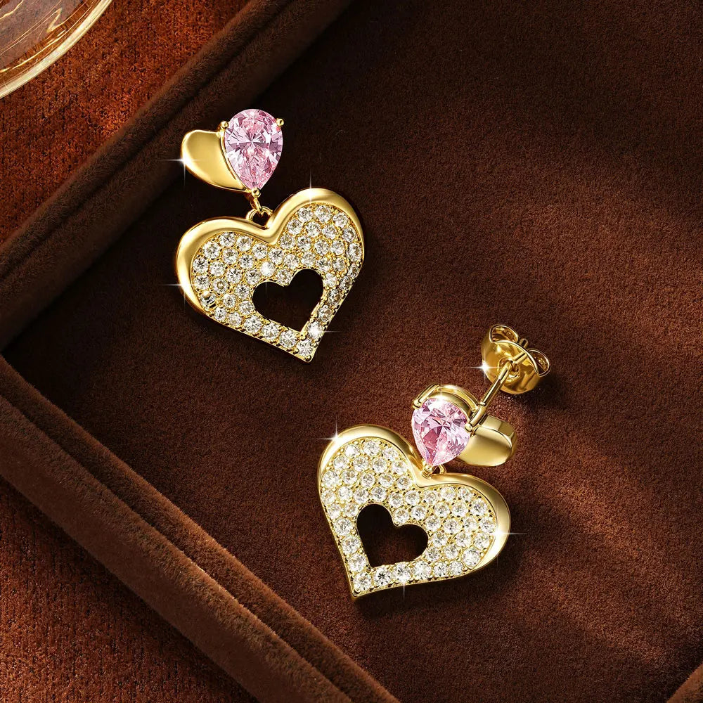 OXTAO Pink Heart-shaped Drop Earrings Sweet Moissanite &CZ Lab Imitation Diamond 14K Gold Filled  for Women Luxury Jewelry