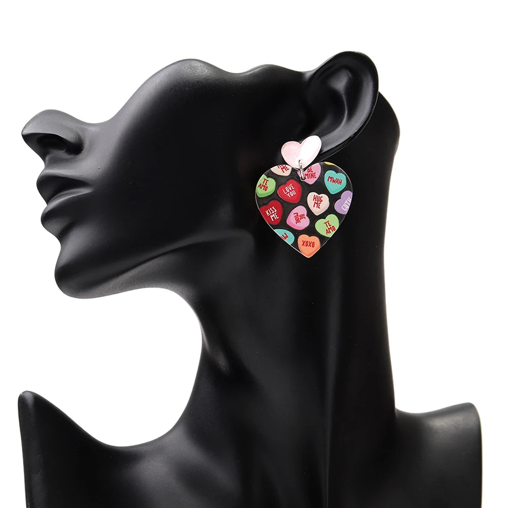 Sweet Acrylic Heart Love Message Drop Earrings for Women Resin Heart Shape Pendant Earrings Valentines Day Gifts