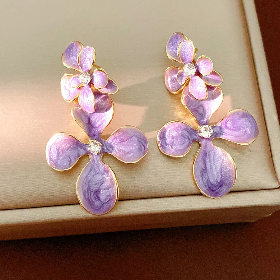 Double Layered Smudging Enamel Flower Drop Earrings for Women Vintage Shiny Rhinestones Dangle Earring Dating Party Jewelry N