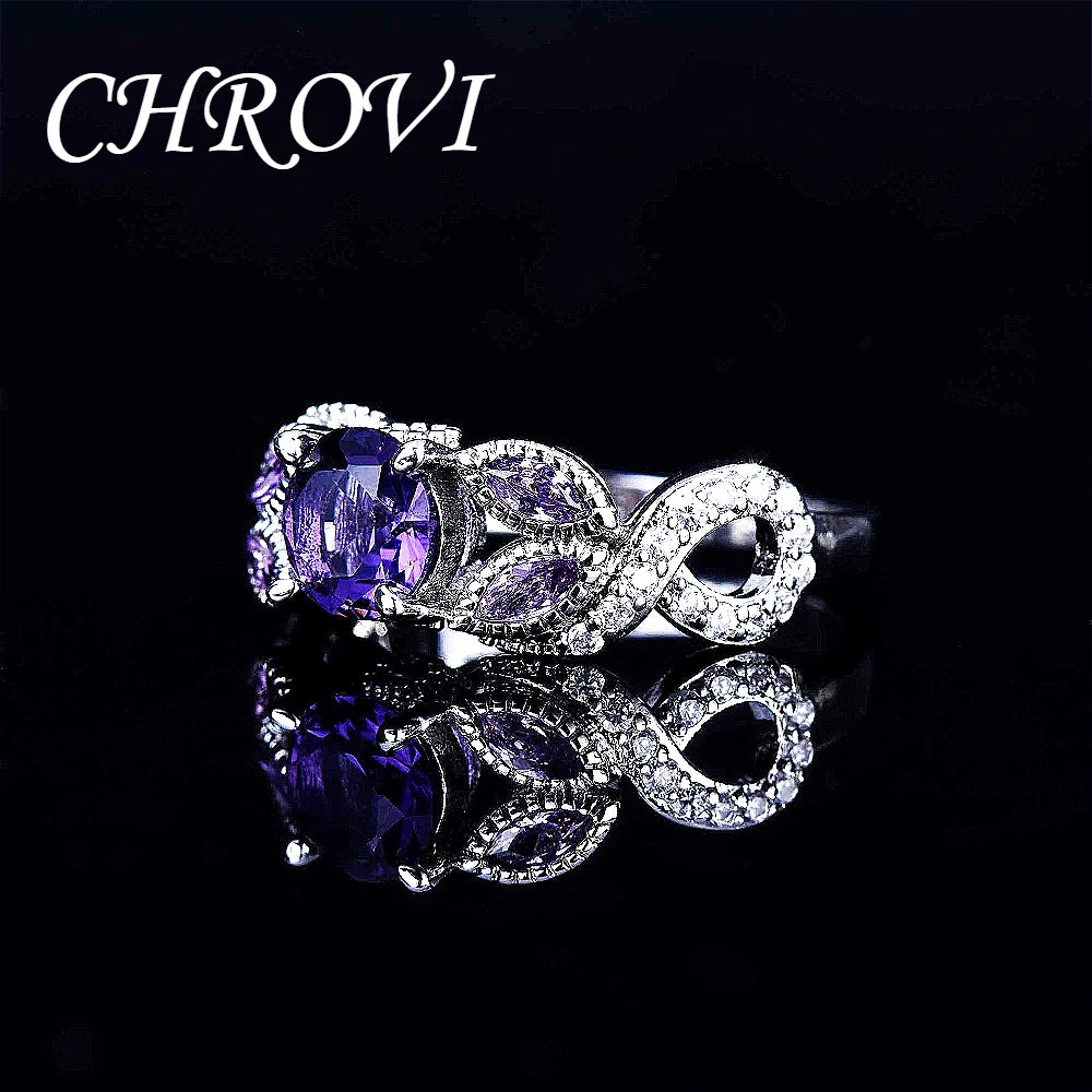 Luxury-Style 925 Sterling Silver New Model Set with Purple Crystal Ring - Full Diamond Engagement Ring for Women