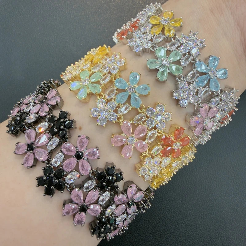 Luxury Cubic Zirconia Gemstone Bracelet Ring Earring Jewelry Set for Women Wedding Gift Colorful Stone Five Petal Flower Design