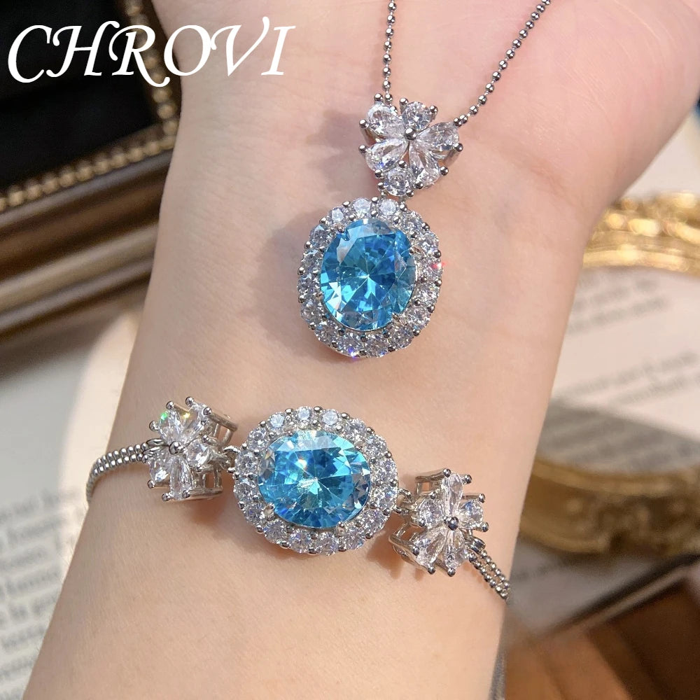 Aromatherapy 925 sterling silver romantic Paraiba diamond pendant necklace with full-cut oval zircon bracelet set