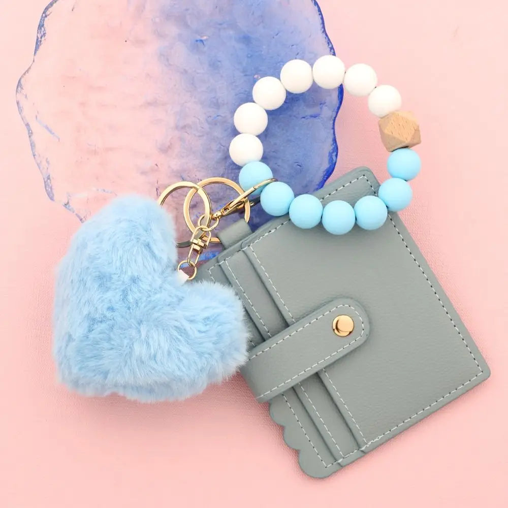 Solid Leather Leather Card Bag Keychain Tassel Design Silicone Beaded Wristlet Keychain Keychain Feature Wristlet Style