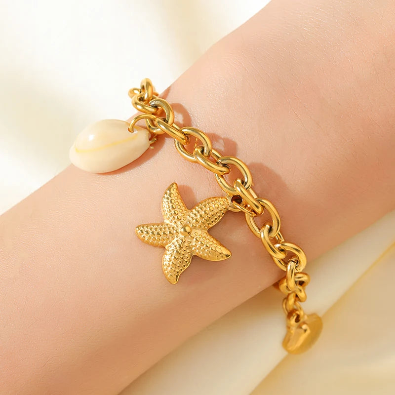 EILIECK 316L Stainless Steel Metal Golden Sun Moon Starfish Bracelet For Women Trendy Wrist Chain Handmade Jewelry Gift Party
