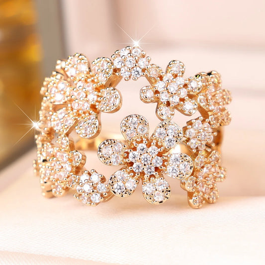 Small Skeleton Flower Charm Cute Female White Zircon Stone Fashion Ring Vintage Gold Color Wedding Jewelry For Women