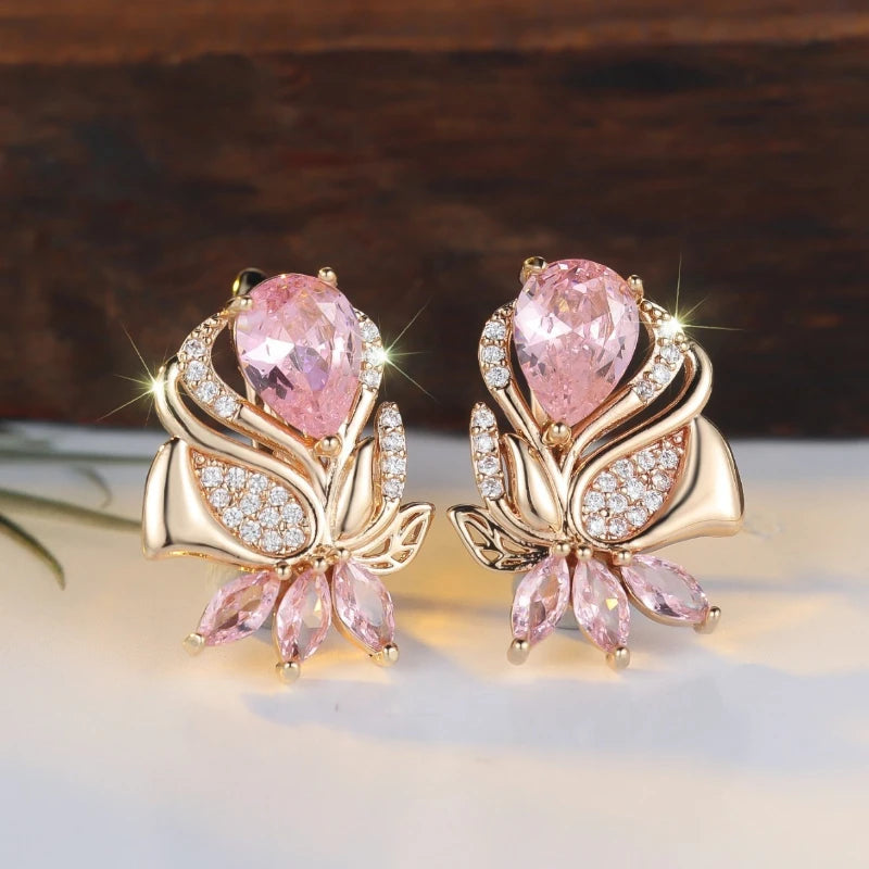 Luxury Female Pink Zircon Hoop Earrings For Women Gold Color Wedding Jewelry Daily Accessories Party Jewelry Gift for Girlfriend