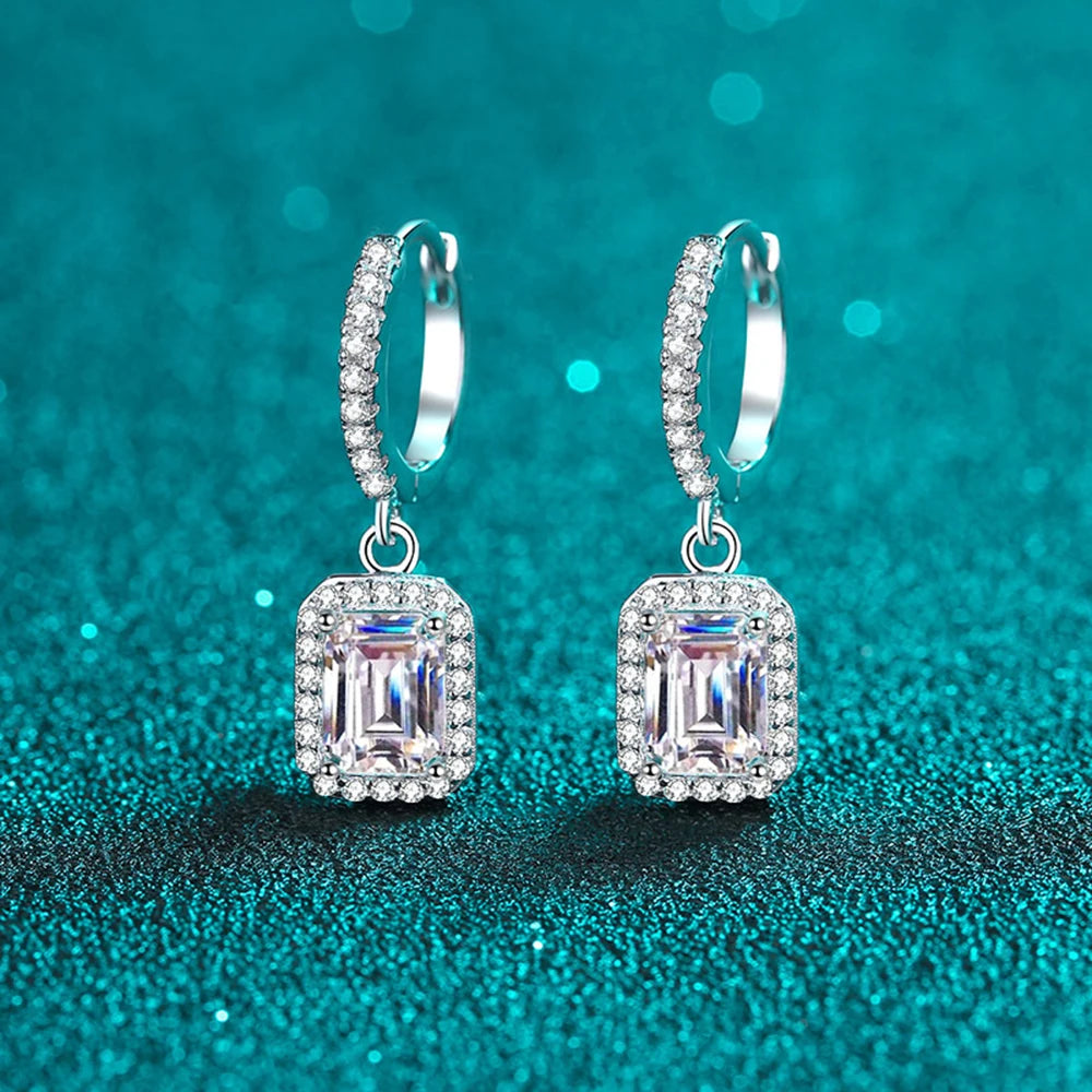 1ct 2ct Emerald/Radiant Cut Moissanite Drop Earrings for Women 925 Sterling Silver Plated PT950 Sparkling Hoop Earring With GRA