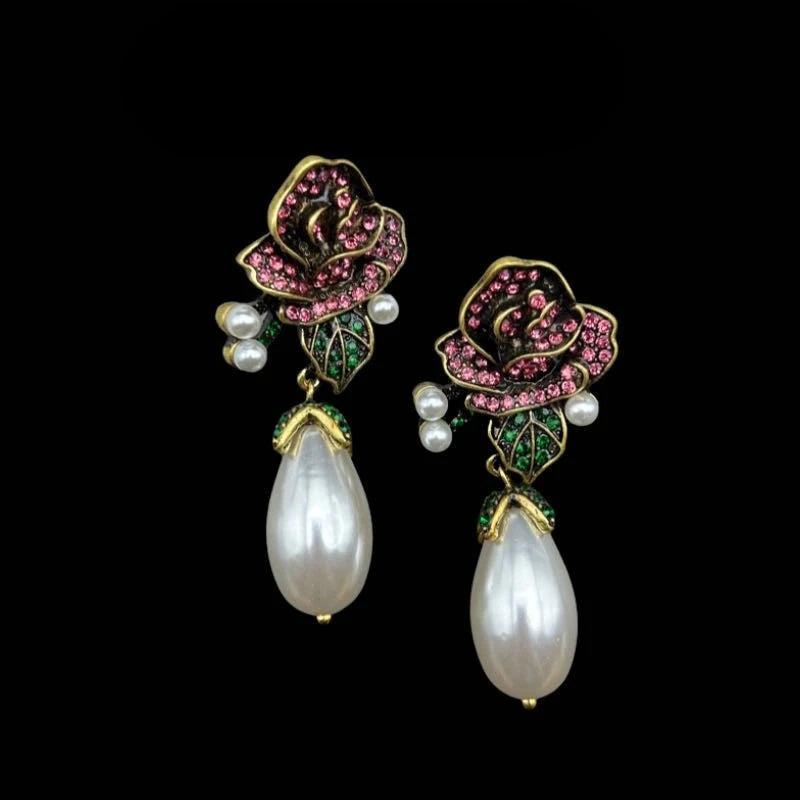 NISHIZAWA Pearls Earrings for Women Flowers Palace Style Vintage Sweet Jewelry Fashion Light Luxury Exquisite Aretes De Mujer