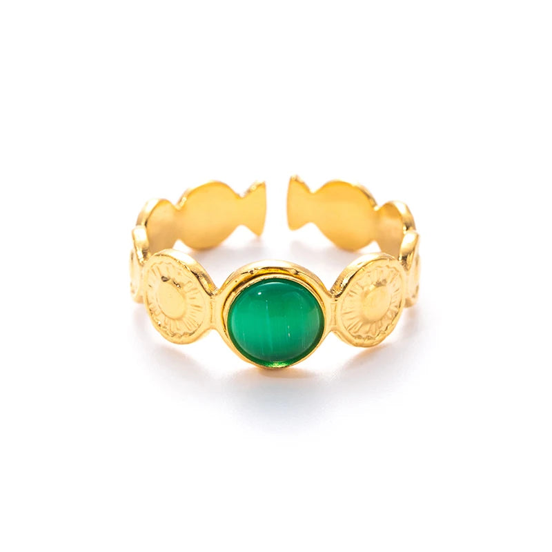 ANENJERY 316L Stainless Steel Colorful Stone Round Card Sun Open Ring for Women Men Niche Special Jewelry Gifts Wholesale
