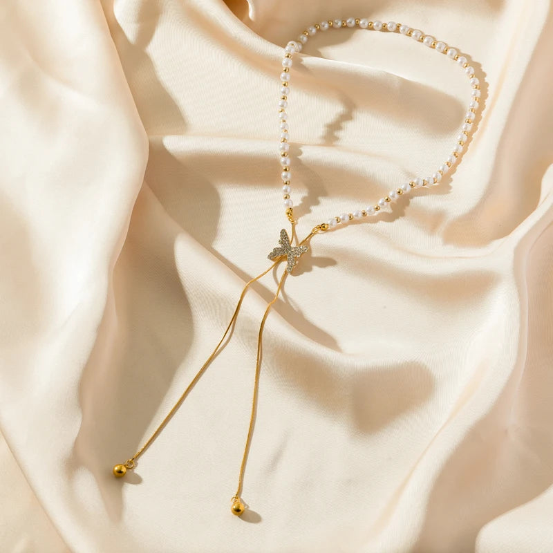 EILIECK 316L Stainless Steel Butterfly Pearl Long Pendant Necklace For Women Fashion Choker Clavicle Chain Waterpro Jewelry Gift