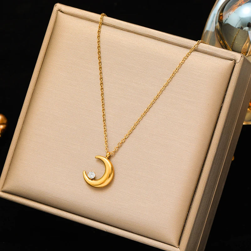 EILIECK Women's Trendy Floral Pink Zirconia Pendant Necklace Stainless Steel Neck Chain Daily Water-resistant Jewelry Lady Gift