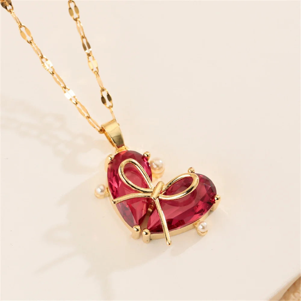Cute Small Heart Love Bow Charm Female Pink Purple Zircon Fashion Pendant Necklace Gold Color Wedding Jewelry For Luxury Women