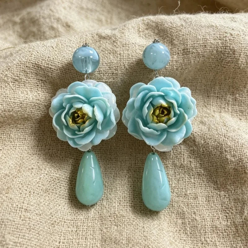 Blue Flowers Earrings for Women Teardrop Vintage Palace Style Sweet Pendientes Mujer Elegant Exquisite  Versatile Jewelry