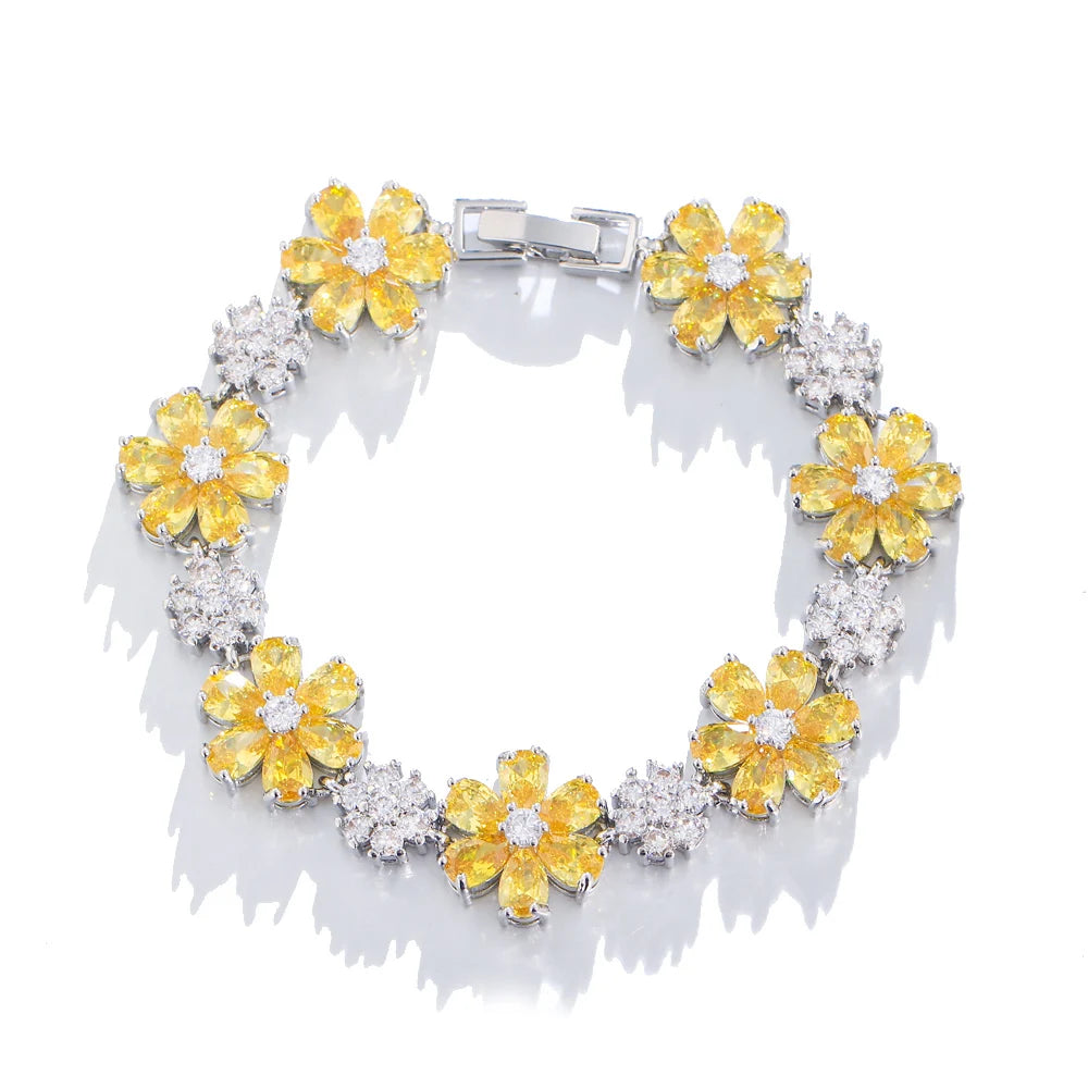 ThreeGraces High Quality Green Cubic Zirconia Gold Color Flower Link Chain Bracelet for Women Fashion Dubai Party Jewelry BR294