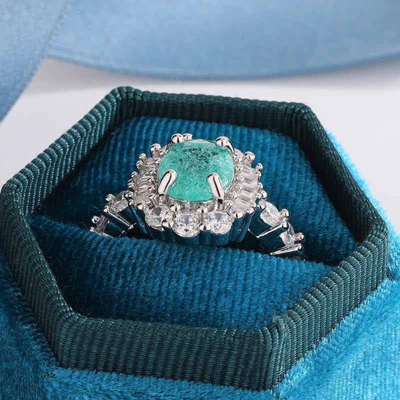 925 Silver Plated Luxurious Paraiba Sapphire Oval Full Diamond Couple Ring For Women Eometric Zirconia Valentine's Day Gift