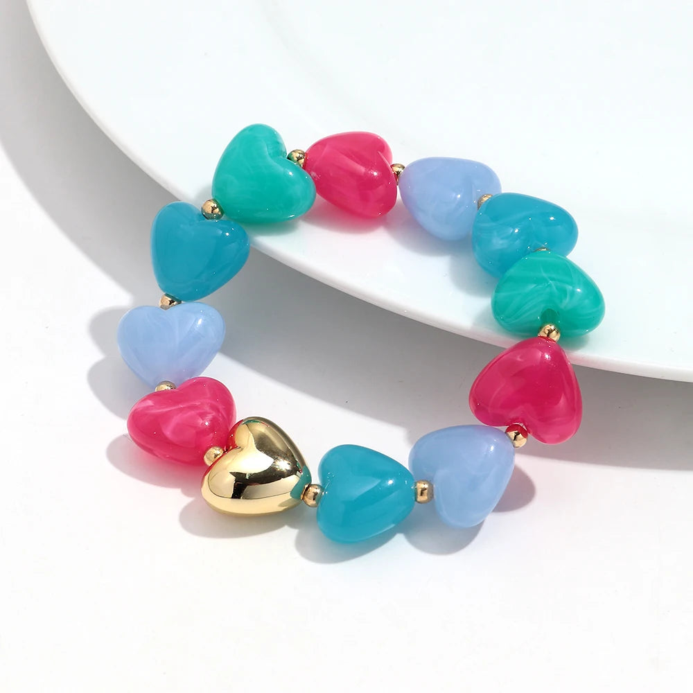Sweet Resin Love Heart Beads Elastic Bracelets for Women Cute Geometric Heart Shape Stretch Bracelet Party Jewelry Gifts