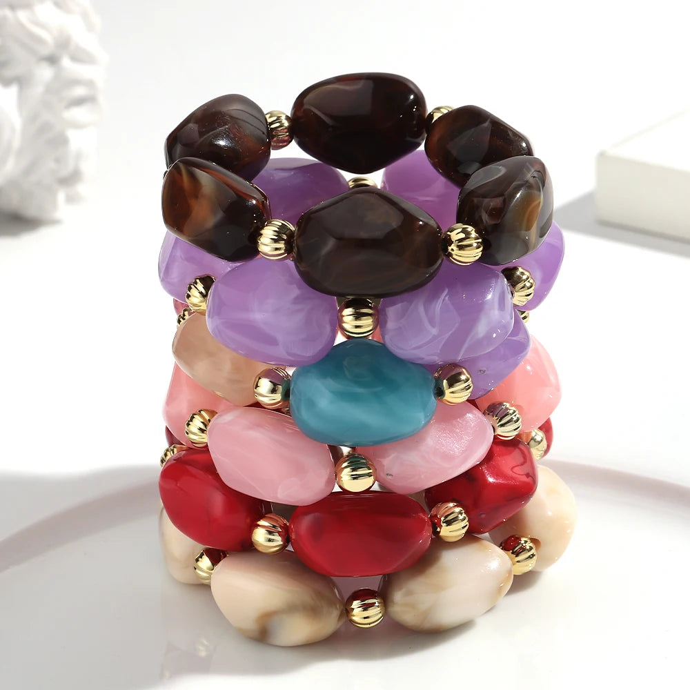 Fashion Acrylic Marbled Irregular Geometry Beads Stretch Bracelet Elegant Colorful Cuff Bangle Bracelets 2026 Trendy Jewelry