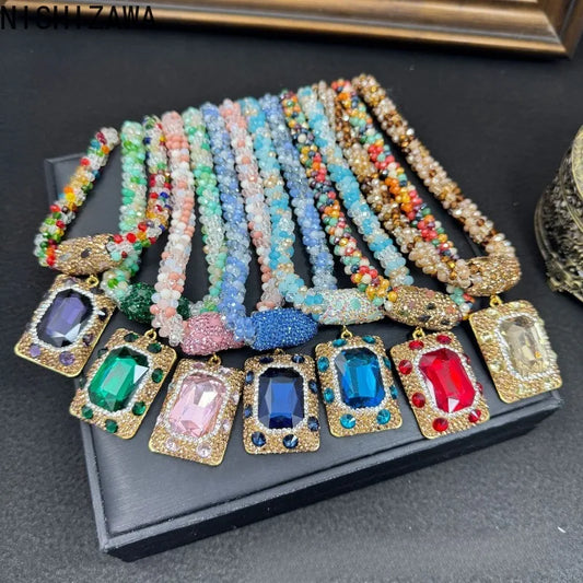 Colorful Rhinestones Necklaces for Women Inlaid  Geometric Vintage Jewelry Elegant Dinner Party Collares Para Mujer