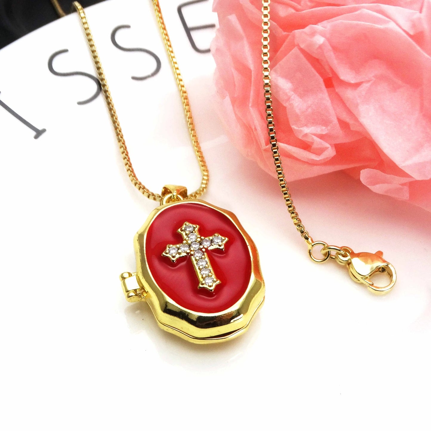 Micro Zircon oil drip photo box Cross Pendant necklace Fashion pendant necklace copper chain jewelry Accessories