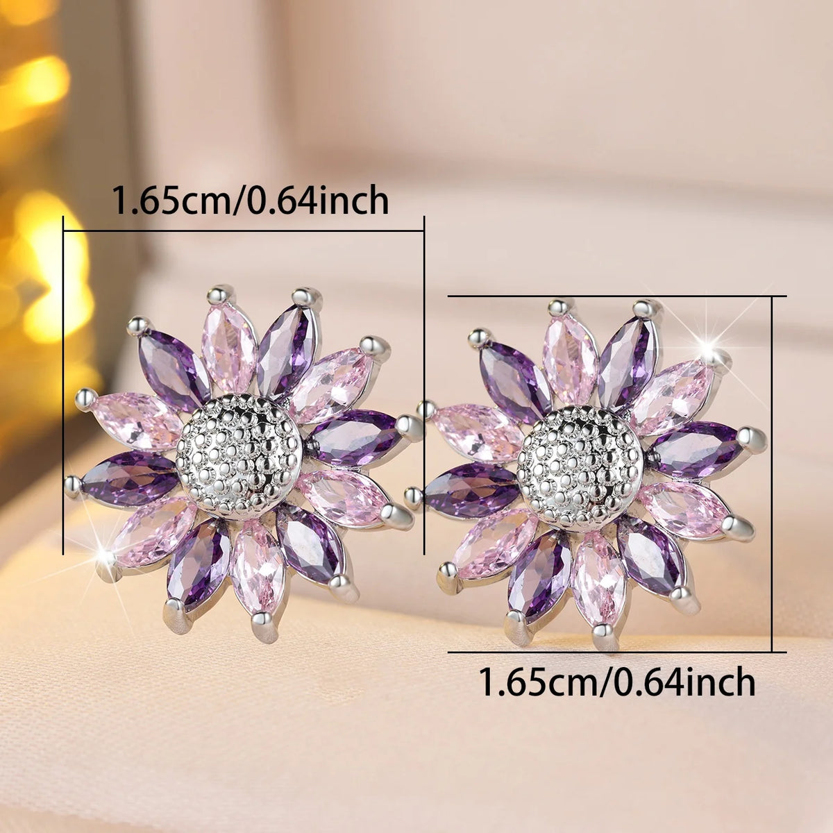 Small SunFlower Purple Zircon Stone Stud Earrings For Cute Women New Trendy Silver Color Birthstone Wedding Jewelry Bridal Gifts